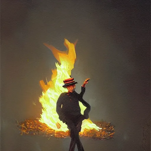 Prompt: Painting by Greg Rutkowski, a french mime wearing a croissant as a hat burns down a forest