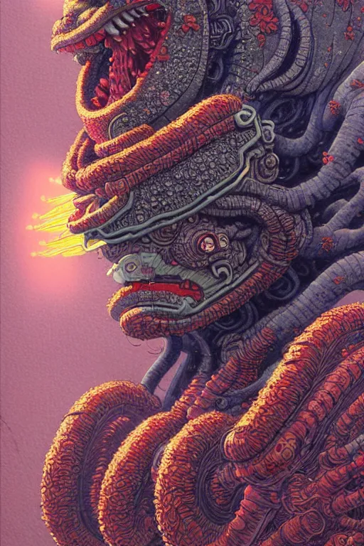 Image similar to japanese oni, character portrait, portrait, close up, concept art, intricate details, highly detailed, cherry blossom, soft light, vintage sci - fi poster, in the style of chris foss, rodger dean, moebius, michael whelan, and gustave dore