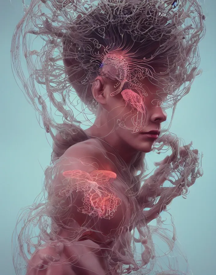 Image similar to goddess portrait. jellyfish phoenix head. intricate artwork by Tooth Wu and wlop and beeple. octane render, trending on artstation, greg rutkowski very coherent symmetrical artwork. cinematic, hyper realism, high detail, octane render, 8k