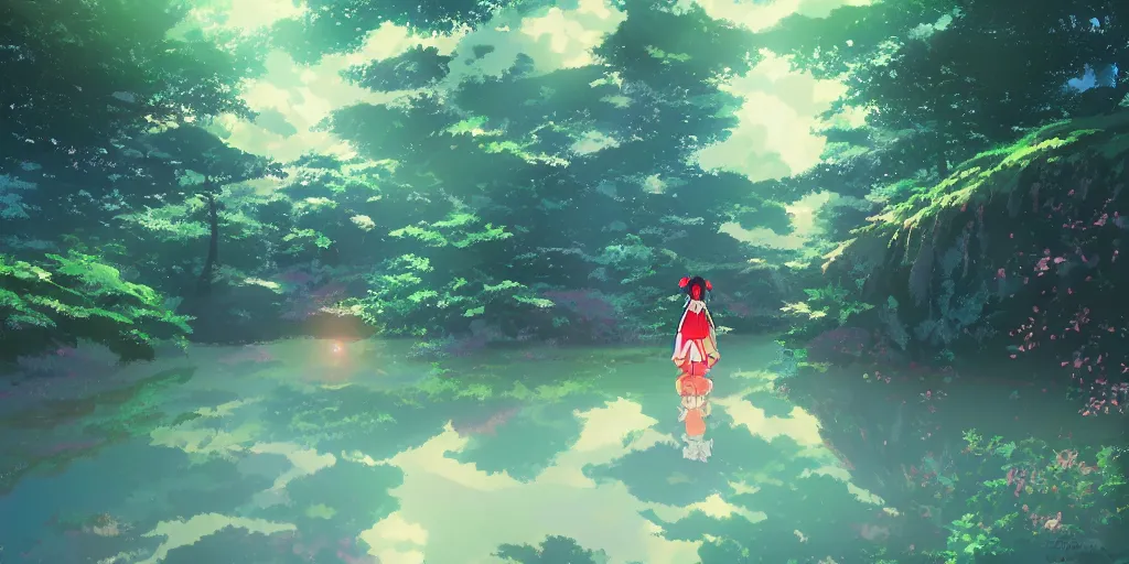 Prompt: reimu walking in a cloud pond forest, japanese shrine, dreamscape, cinematic, shooting stars, mirror reflection, midnight, moon glow, vibrant colors, digital anime illustration, award winning, by makoto shinkai