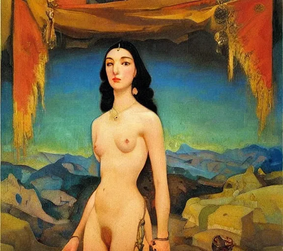 Prompt: an oil painting a queen with curly dark hair, by nicholas roerich, by gustave moreau, by james hawe, by frank frazetta!!, by georgia o keeffe, highly detailed, realistic, realism, manierism, oil painting