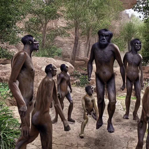 Prompt: human zoo, australopithecus, paranthropus, homo habilis, homo neanderthalensis, homo sapiens in an enclosure, watched by cyborgs, hd photograph