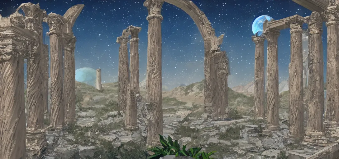 Image similar to The ruins of the Silver Millennium on the moon from Sailor Moon, digital painting, Earth in the distance, Greek-esque columns and ruins