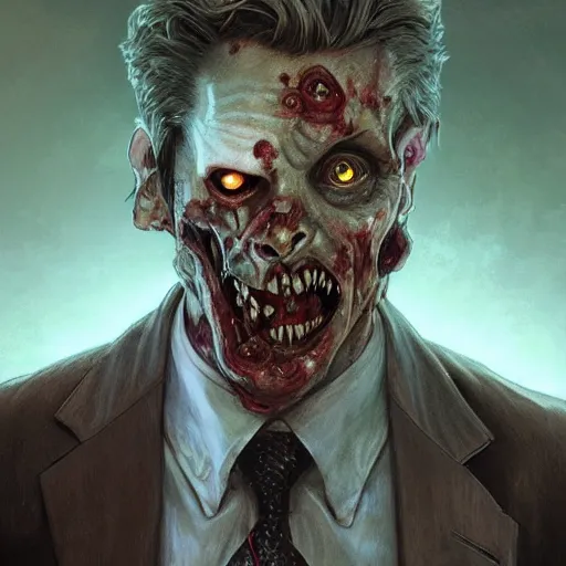 Image similar to a zombie in a business suit, artists portrait, fantasy, highly detailed, digital painting, concept art, sharp focus, depth of field blur, illustration, art by artgerm and greg rutkowski and alphonse mucha