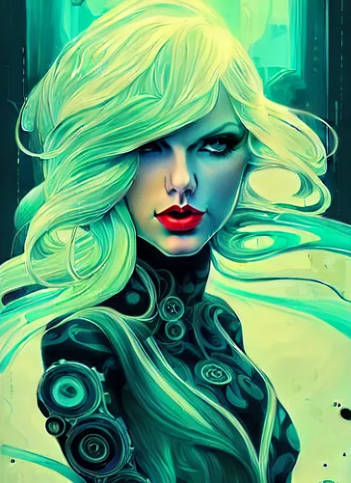 Image similar to style artgerm, joshua middleton, taylor swift with green dress, very long blue hair, swirling water swirling, symmetrical face, symmetrical eyes, steampunk cyberpunk,, cinematic lighting