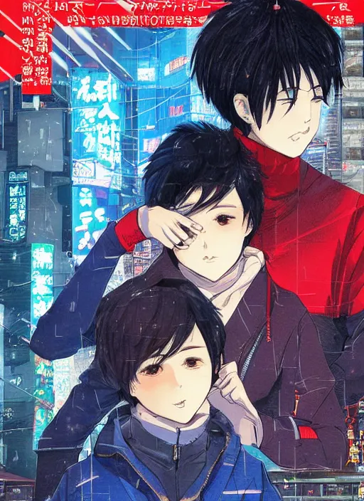 Prompt: manga cover, asian boy with middle parted black hair, red turtleneck under blue parka, intricate cyberpunk city, emotional lighting, character illustration by tatsuki fujimoto
