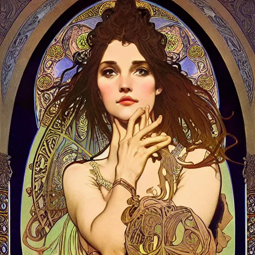 Prompt: realistic detailed face portrait of a beautiful young Goddess of Night by Alphonse Mucha, Greg Hildebrandt, and Mark Brooks, gilded details, spirals, Neo-Gothic, gothic, Art Nouveau, ornate medieval religious icon