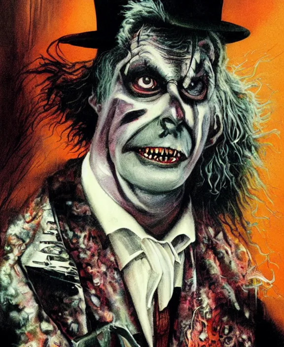 Image similar to a portrait illustration of Beetlejuice, by Les Edwards and francis bacon poster art, detailed