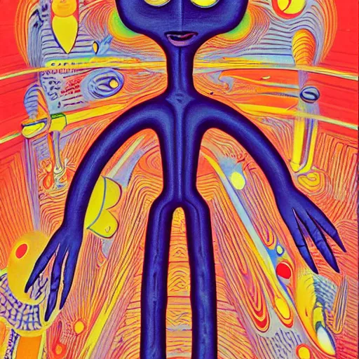 Prompt: a very strange humanoid alien on an alien world somewhere in the cosmos by kenny scharf and johannes itten,