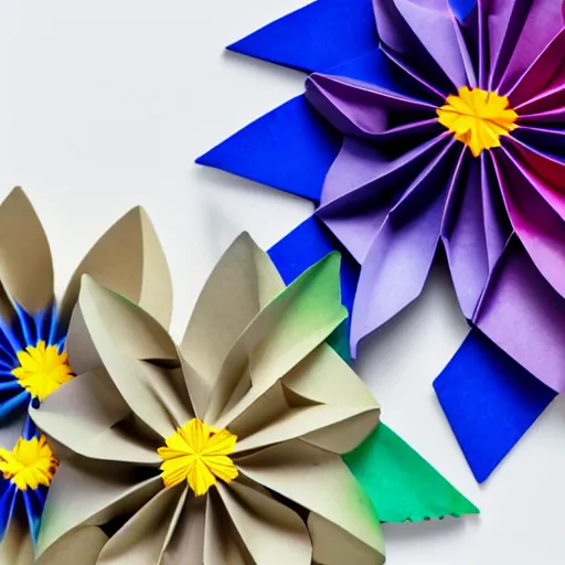 Prompt: origami flowers in multi colored paper, 3 d render, ultra detailed, on white background, studio shot