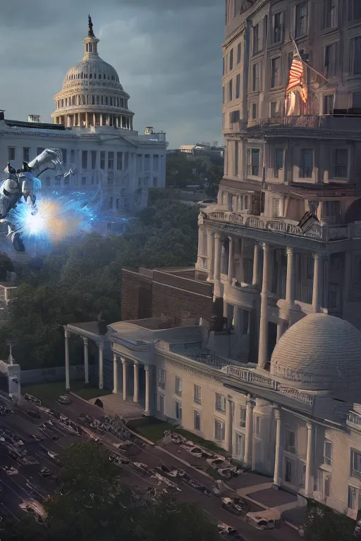 Image similar to gandalf attacks the white house, cybertronian, long shot, cinematography by wes anderson, 4 k octane render, intricate detail, photorealistic, cinematic lighting, artstation