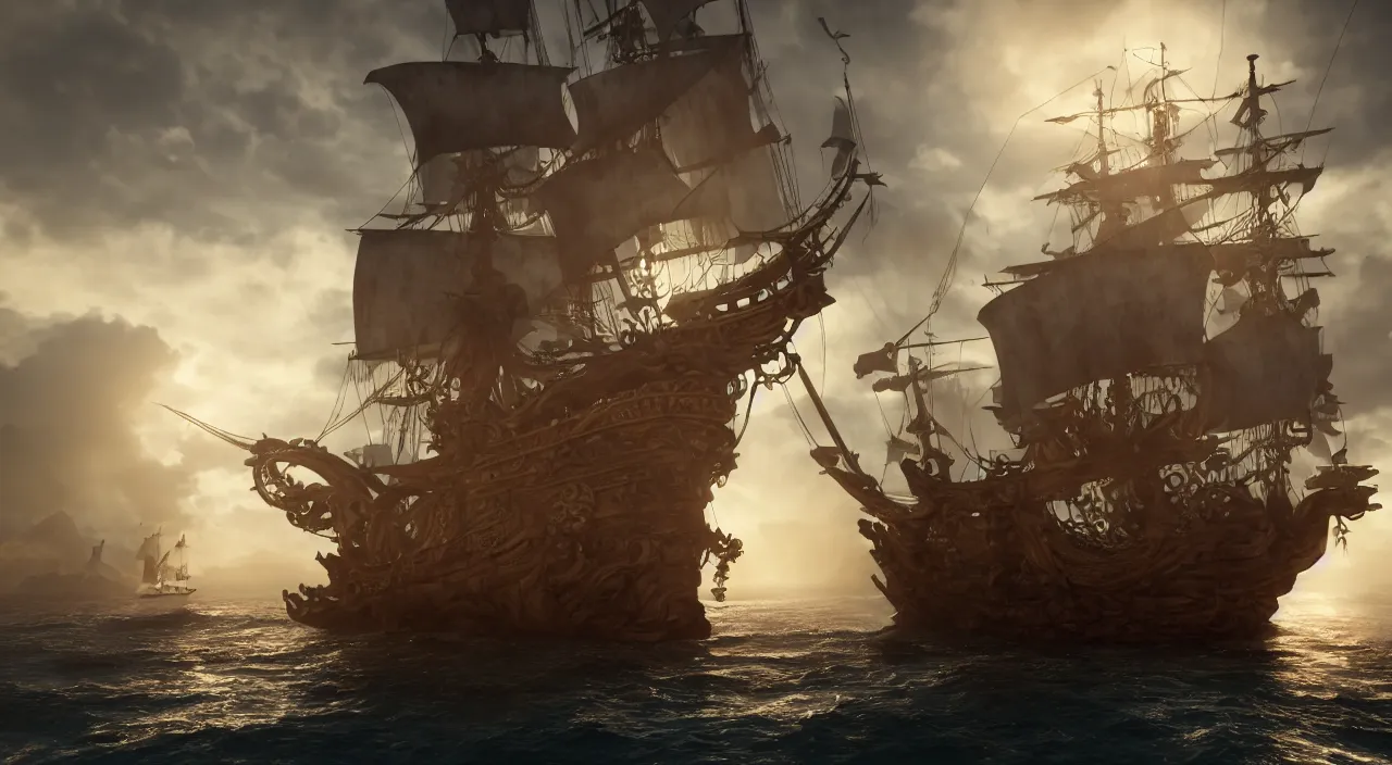 Image similar to ghost pirate ship with a pirate on the foreground, highly detailed, photorealistic portrait, bright studio setting, studio lighting, crisp quality and light reflections, unreal engine 5 quality render