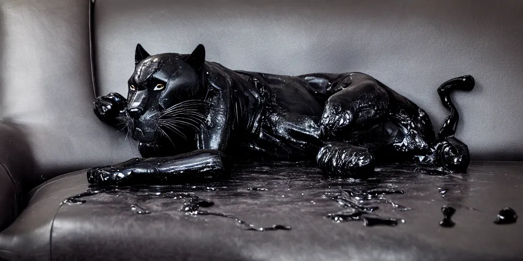 Image similar to the smooth black panther, made of smooth black goo, laying on the couch in the living room after bathing in the ferrofluid, viscous, sticky, full of tar, covered with black goo. photography, dslr, reflections, black goo