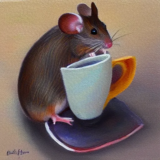 Image similar to A mouse cozied up for the evening sipping tea, oil painting