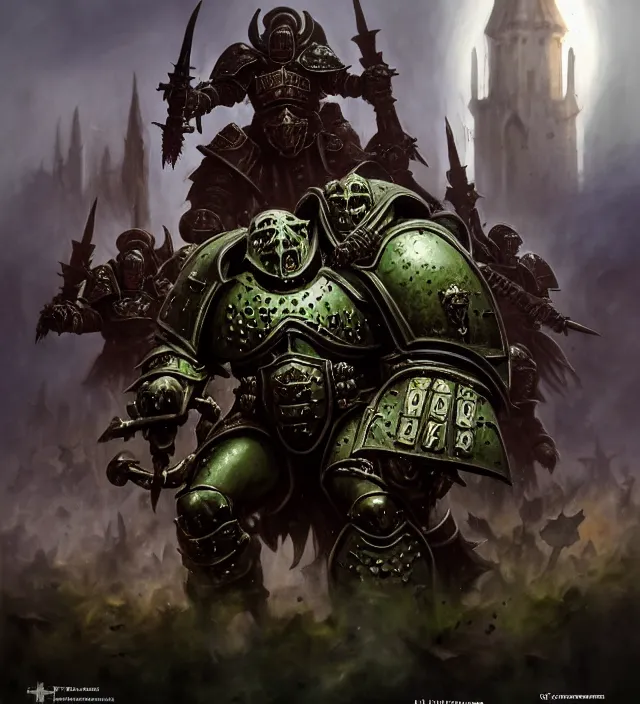 Image similar to armor _ portrait _ heros _ warhammer _ 4 _ 0 _ k _ - pestilence, nurgle warrior, champion _ the _ primarchs _ emperor _ by _ johannes _ helgeson _ animated _ with _ vfx _ concept _ artist _ _ with cathedrals in the background, battlefield, army fighting, undead illustrated by ruan jia