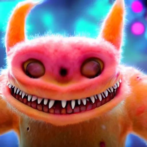 Prompt: an alien with a face that looks like a fuzzy peach the peach is fuzzy pink warm and ripe the alien has horns and a mean smile the alien has chicken feet cruel smile, 4k, highly detailed, high quality, amazing, high particle effects, glowing, majestic, soft lighting, detailed background, happy tones, sharp background, octane render