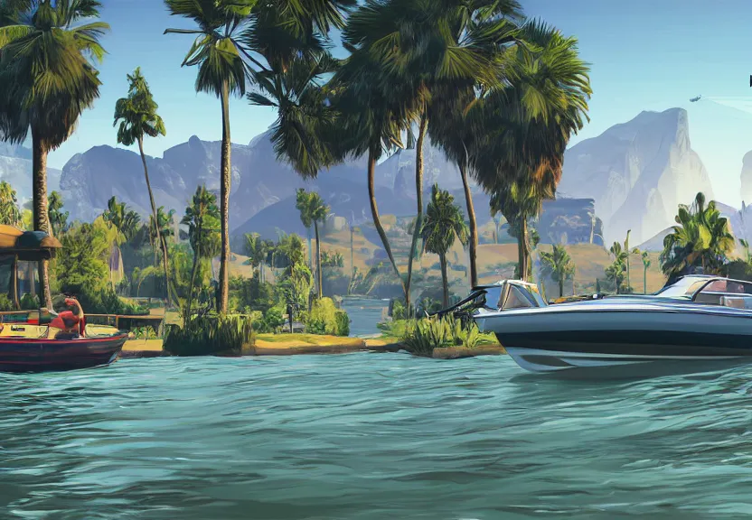 Image similar to A Grand Theft Auto 5 cover style illustration, extremely detailed featuring a river in Europe, surrounded by trees and fields. A dinghy is slowly moving through the water. Sun is shining.