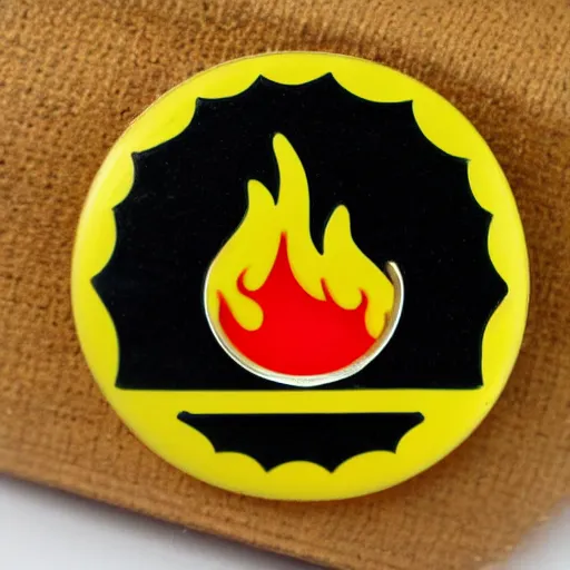 Image similar to a diamond enamel pin of a retro 1 9 8 0 s minimalistic flame fire warning label, smooth curves