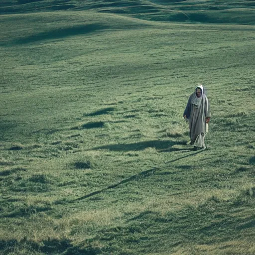 Prompt: landscape photo of ian mckellen as osams bin laden in a dark hood walking through grasslands, arial shot, highly detailed, cinematic shot, cinematic lighting, 8 k.