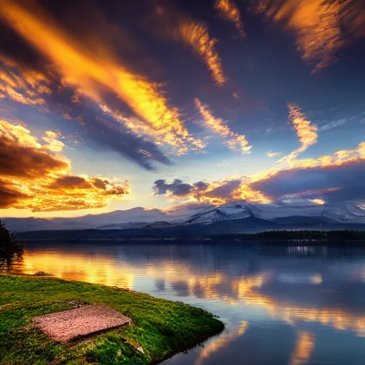 Prompt: landscape photography by jimmy nelson, swedish lake, golden sunset, dramatic lighting, small house by the lake, soft clouds, beautiful reflections, unreal engine 8 k