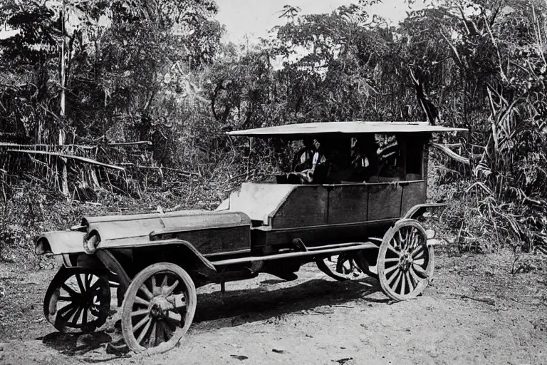 Image similar to a 1905 colonial closeup photograph of a cadillac in a village at the river bank of Congo , Thick jungle, scary, evil looking, wide angle shot