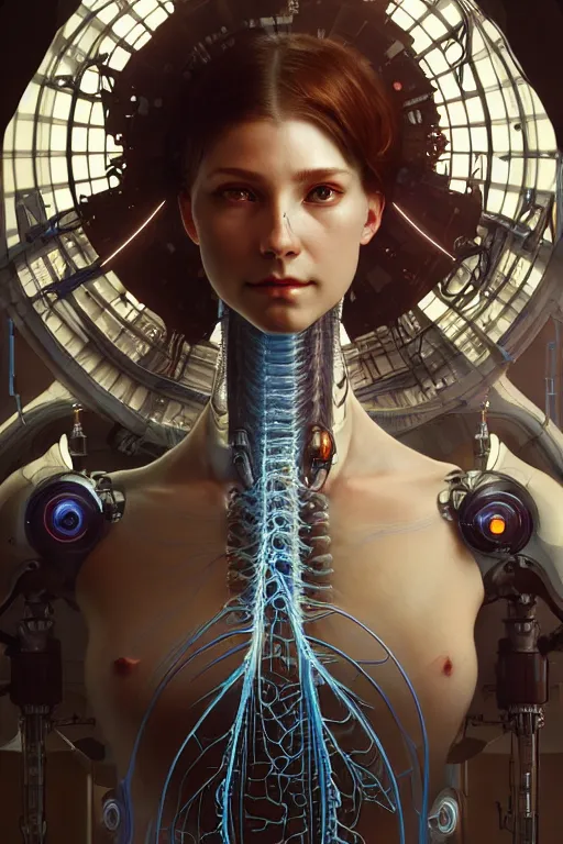 Image similar to ultra realistic, a beautiful cyborg woman's nervous system and organs are spread over a lab table, sci - fi, intricate details, eerie, highly detailed, octane render, 8 k, art by artgerm and alphonse mucha and greg rutkowski