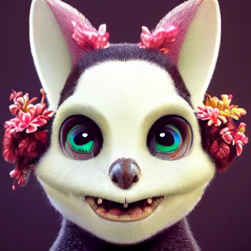 Prompt: character portrait, marsupial with big oval eyes, small pointed nose, bushy eyebrows, ears like flowers, and a square mouth, award winning art, octane engine, artstation, 4 k hd masterpiece, extreme photo realism