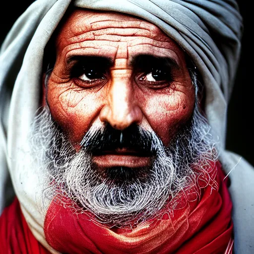 Image similar to portrait of president stavros halkias as afghan man, green eyes and red scarf looking intently, photograph by steve mccurry