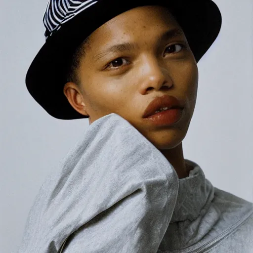 Image similar to realistic photoshooting for a new issey miyake lookbook, color film photography, portrait of a beautiful woman, model is wearing a bucket hat, photo in style of tyler mitchell, 3 5 mm,