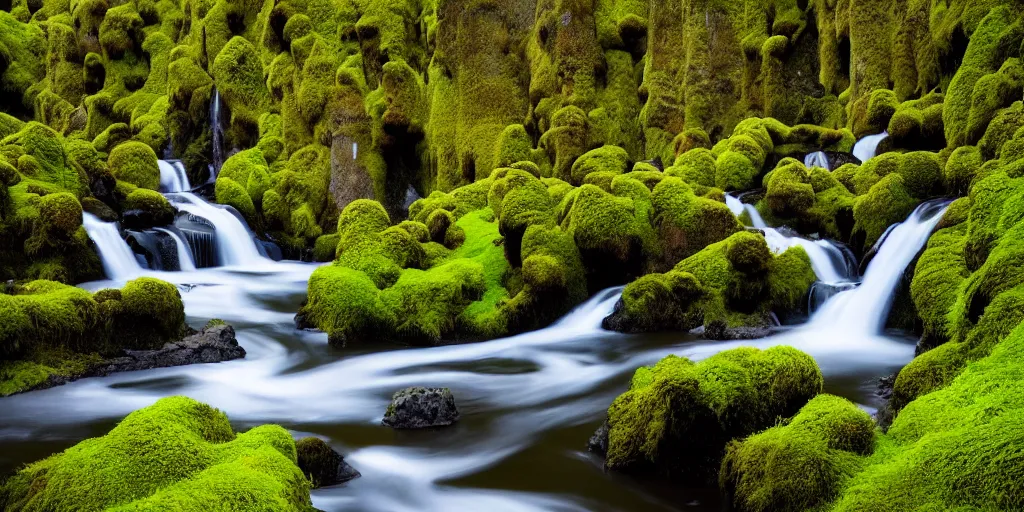 Prompt: photo of a landscape with lush forest, wallpaper, very very wide shot, iceland, new zeeland, green flush moss, national geographic, award landscape photography, professional landscape photography, waterfall, stream of water, hibiscus flowers, big sharp rock, ancient forest, primordial, sunny, day time, beautiful