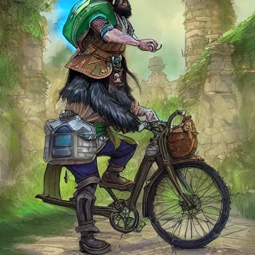 Prompt: a bearded and long haired bicycle food delivery worker with a green bag on his back in ireland, he has boots, hearthstone art style, epic fantasy style art by kim jung gi, fantasy epic digital art