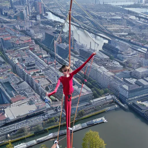 Image similar to tightrope walker above Erasmus bridge