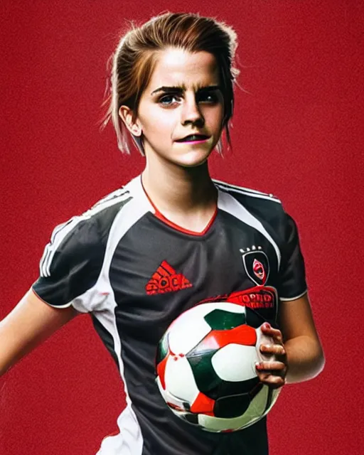 Image similar to a portrait of emma watson as a lokomotiv football player, hyper realistic