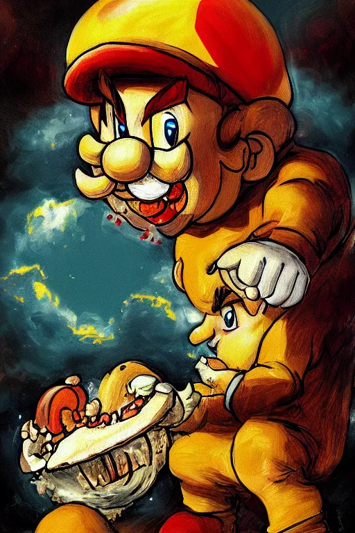 Prompt: mario eating kinopio in the style of saturn devouring his son, goya art, canvas painting, digital art, extremely detailed, photoshop, devouring, cannibalism, swallowing, humanoid mushroom