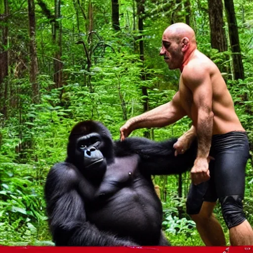 Prompt: joe rogan wrestling a gorilla in the dmt forest