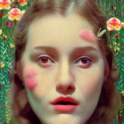 Image similar to a lot of flowers morphing in a beautiful girls face, film still by wes anderson, depicted by balthus, limited color palette, very intricate, art nouveau, highly detailed, lights by hopper, soft pastel colors, minimalist