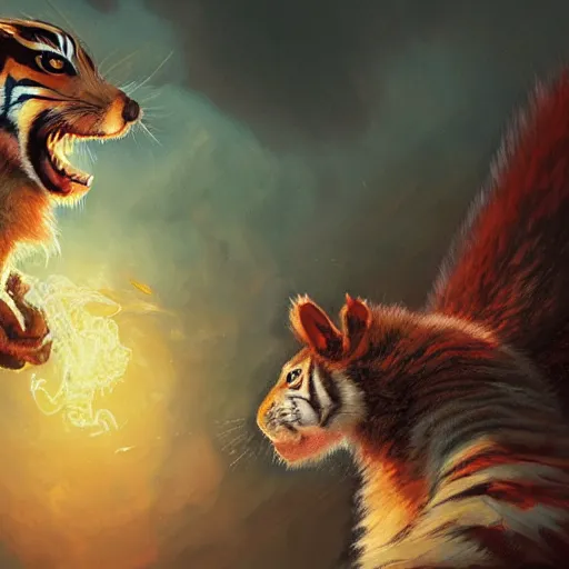 Image similar to Squirrel/tiger, biting, ferocious, angry, magic the gathering artwork, D&D, fantasy, cinematic lighting, centered, symmetrical, highly detailed, digital painting, artstation, concept art, smooth, sharp focus, illustration, volumetric lighting, epic Composition, 8k, art by Akihiko Yoshida and Greg Rutkowski and Craig Mullins, oil painting, cgsociety