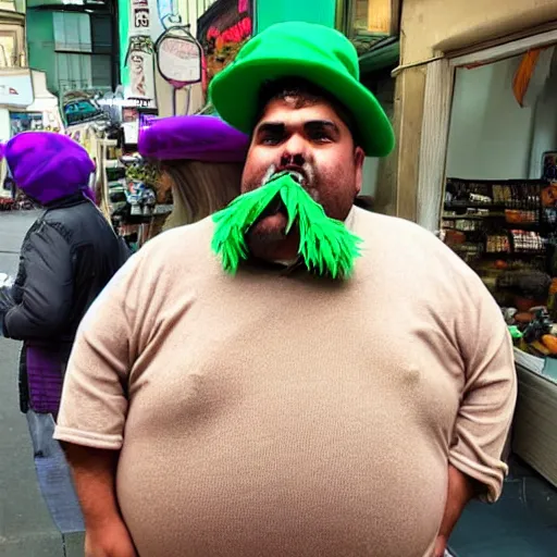 Prompt: An extremely obese shopkeeper with a mustache who wears a green hat that has a purple feather, an orange turtleneck and a brown vest