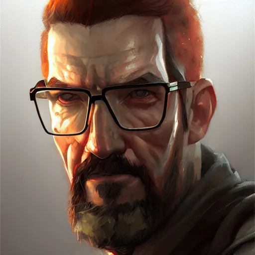 Image similar to a portrait of gordon freeman by Krenz Cushart, high detail, concept art, artstation, 8k