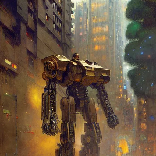 Image similar to six meters tall mech fighting in an urban environment, highly detailed painting by gaston bussiere craig mullins jc leyendecker gustav klimt artgerm greg rutkowski john berkey, bergey, craig mullins, ruan jia, raymond swanland, jeremy mann, tom lovell, alex malveda