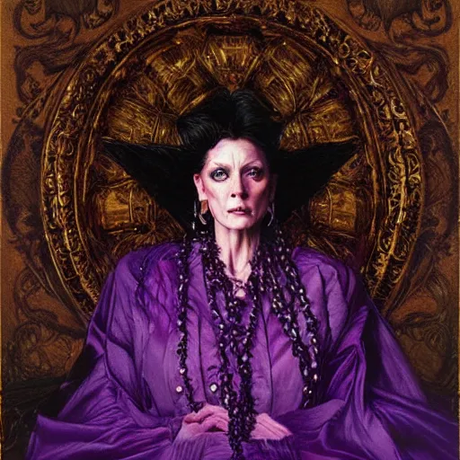Image similar to portrait of a purple witch with golden embroidery, by donato giancola.