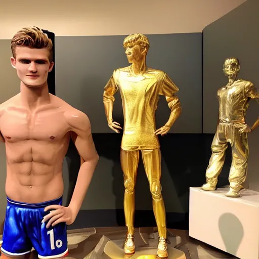 Image similar to a realistic detailed photo of a guy who is an attractive humanoid who is half robot and half humanoid, who is a male android, soccer players martin ødegaard & timo werner, shiny skin, posing like a statue, blank stare, in a living room, on display, showing off his muscles, gold soccer shorts, no jersey, statue, many copies of them