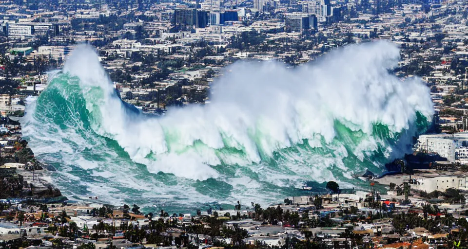 Prompt: tidal wave crashing into Los Angeles, wide-angle aerial shot, romantic painting