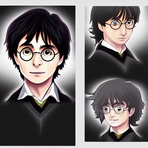 Image similar to portrait of harry potter in anime style, highly detailed, centered, solid color background, digital painting