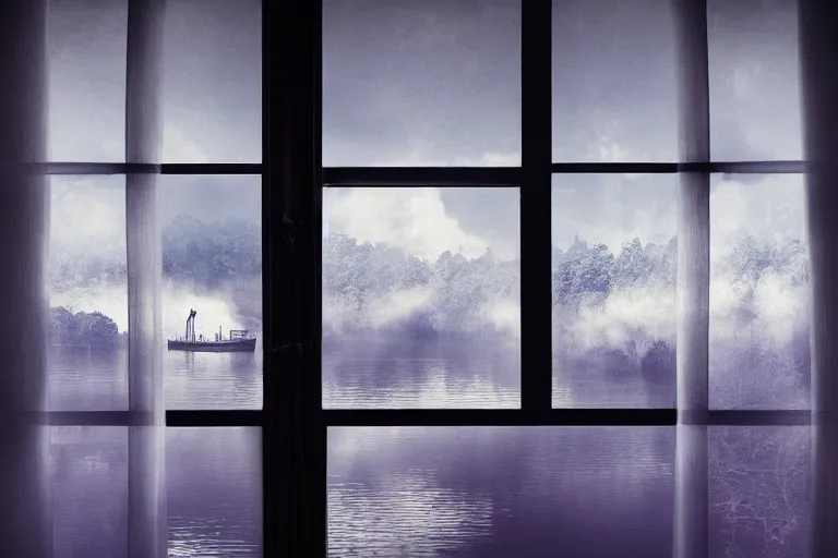 Prompt: looking out from the window of a train that is sailing on the water, the windows are fluttering with transparent gauze curtains, the sun shines in, fog and swans over the river, by William-Adolphe Bouguerea, Jordan grimmer, fractal flame. Highly_detailded