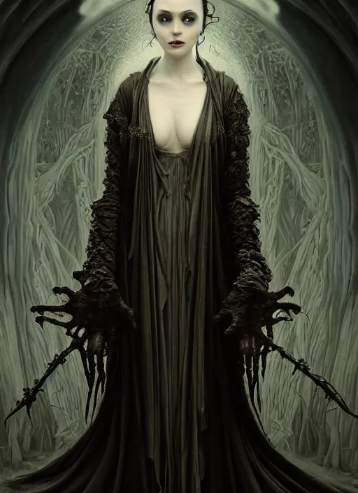 Image similar to masterpiece portrait enchanting gothic witch girl, by artgerm, h. r. giger, edmund leighton, haunting background by zdizslaw beksinski, james jean, elegant ceremonial robe details by gustave klimt, magick, volumetric lighting, porcelain skin, entranced, high detail, hyper photorealism, low angle, trending on artstation 8 k