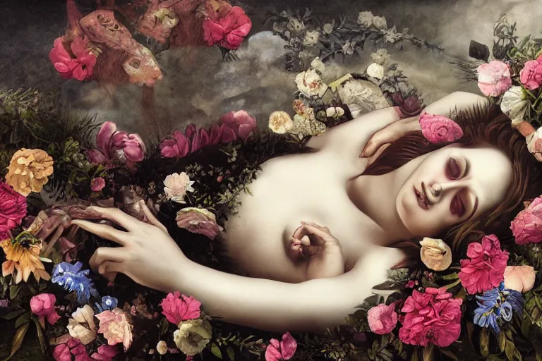 Prompt: a greek goddess dreaming about her mortality, lying on a bed of flowers and bones, large eyes and lips, HD Mixed media collage, depth of field, liminal space, highly detailed and intricate, surreal illustration in the style of Caravaggio, baroque dark art