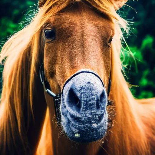 Image similar to close up photograph of very high on weed donald trump horse hybrid, stoner eyes, donald trump horse hybrid smoked weed, weed background, smoking a blunt, 8 k resolution