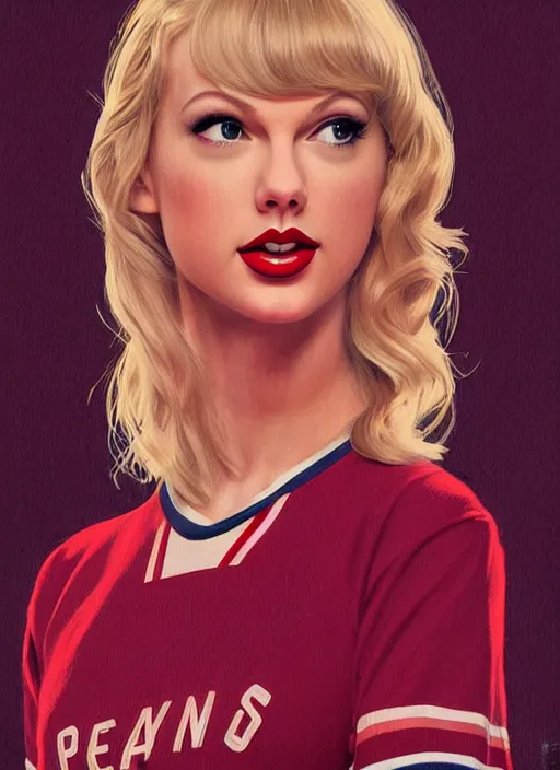 Image similar to twin peaks movie poster art, portrait of taylor swift the local cheerleader, from scene from twin peaks, clean, simple illustration, nostalgic, domestic, highly detailed, digital painting, artstation, concept art, smooth, sharp focus, illustration, artgerm, donato giancola, joseph christian leyendecker, wlop