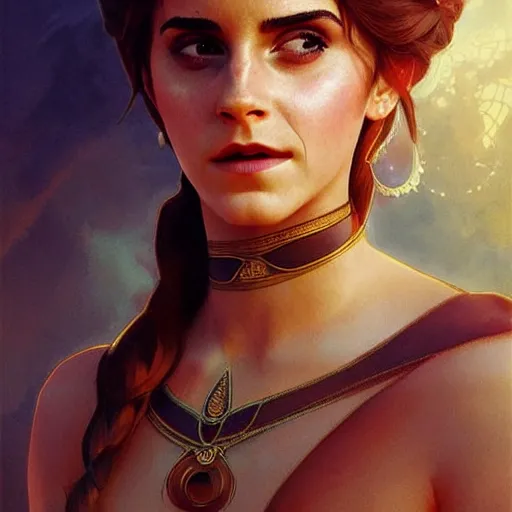 Prompt: Emma Watson as the genie in Aladdin, digital painting, artstation, concept art, sharp focus, illustration, art by greg rutkowski and alphonse mucha, highly detailed